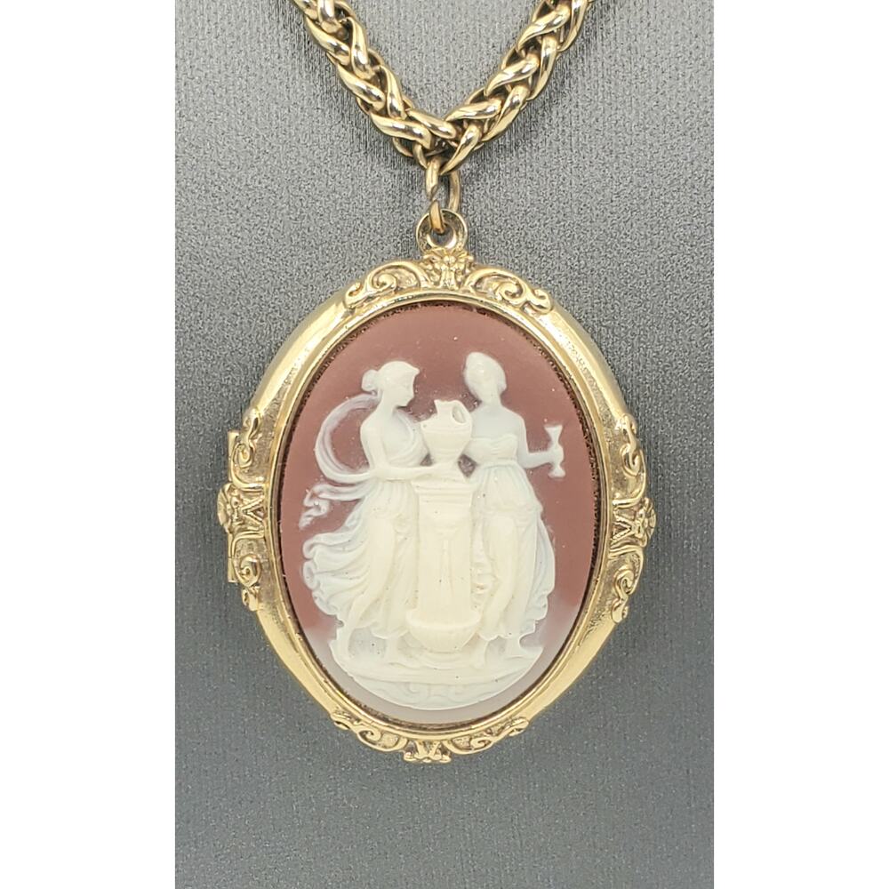 Antiquities Couture/1928 Jewelry Carnelian Grecian Muses Cameo Locket Necklace